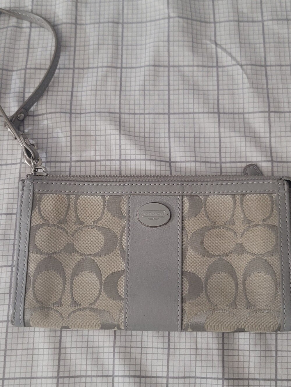 Coach Gray Signature Canvas Wristlet with Leather Trim